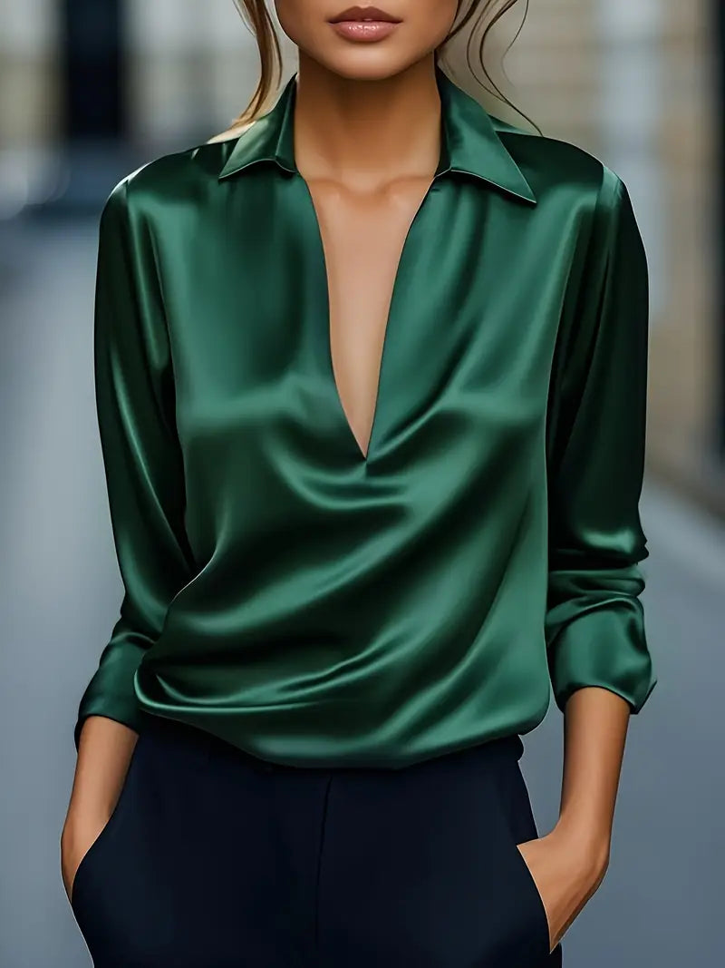Women’s Satin V-Neck Blouse Draped Collar Elegance 0