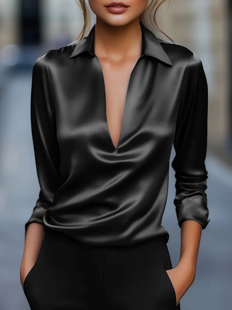 Women’s Satin V-Neck Blouse Draped Collar Elegance 3