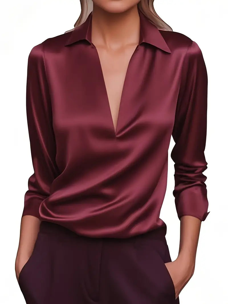 Women’s Satin V-Neck Blouse Draped Collar Elegance 5