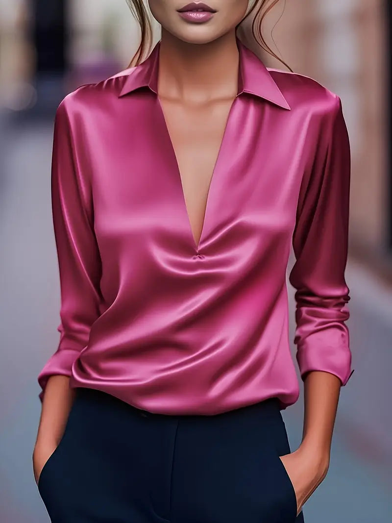 Women’s Satin V-Neck Blouse Draped Collar Elegance 7