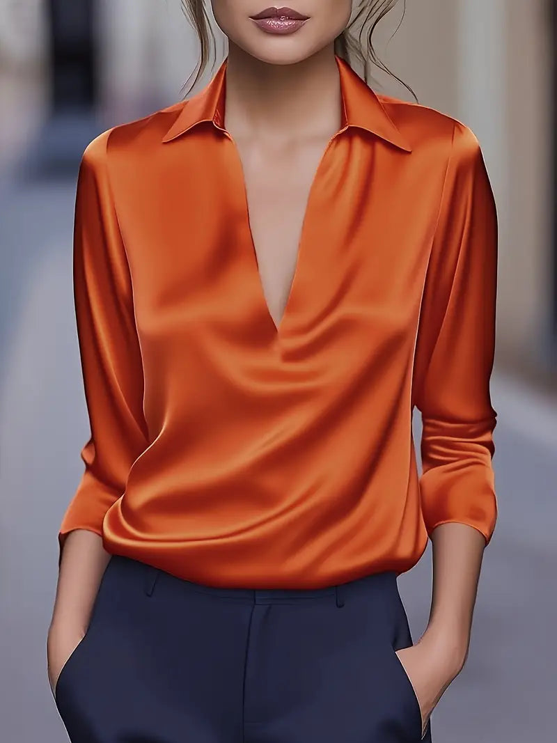 Women’s Satin V-Neck Blouse Draped Collar Elegance 8