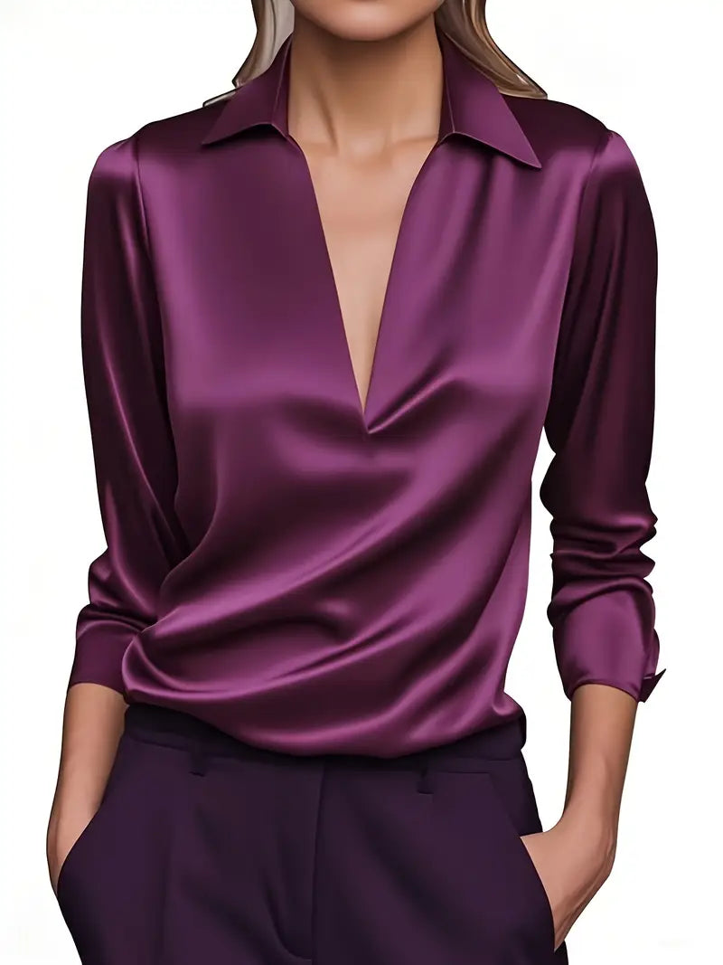 Women’s Satin V-Neck Blouse Draped Collar Elegance 9