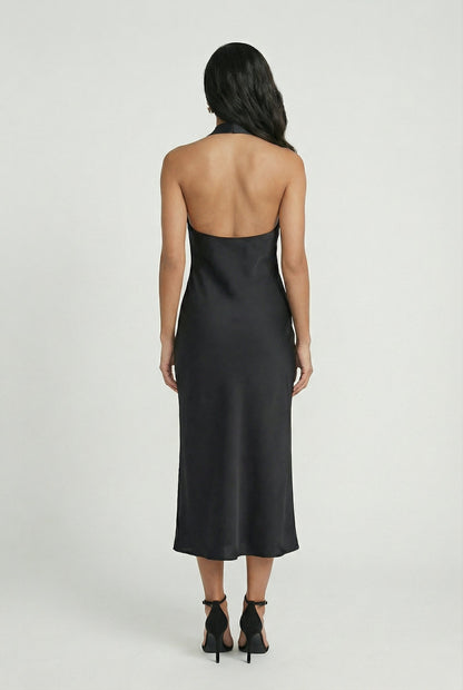 Women's Backless Midi Dress | Elegant Halter Neck & Sleek Evening Style