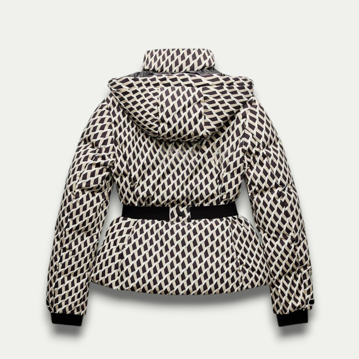 Women's Beige Patterned Puffer Jacket – Stylish Belted Insulation for Outdoor Wear
