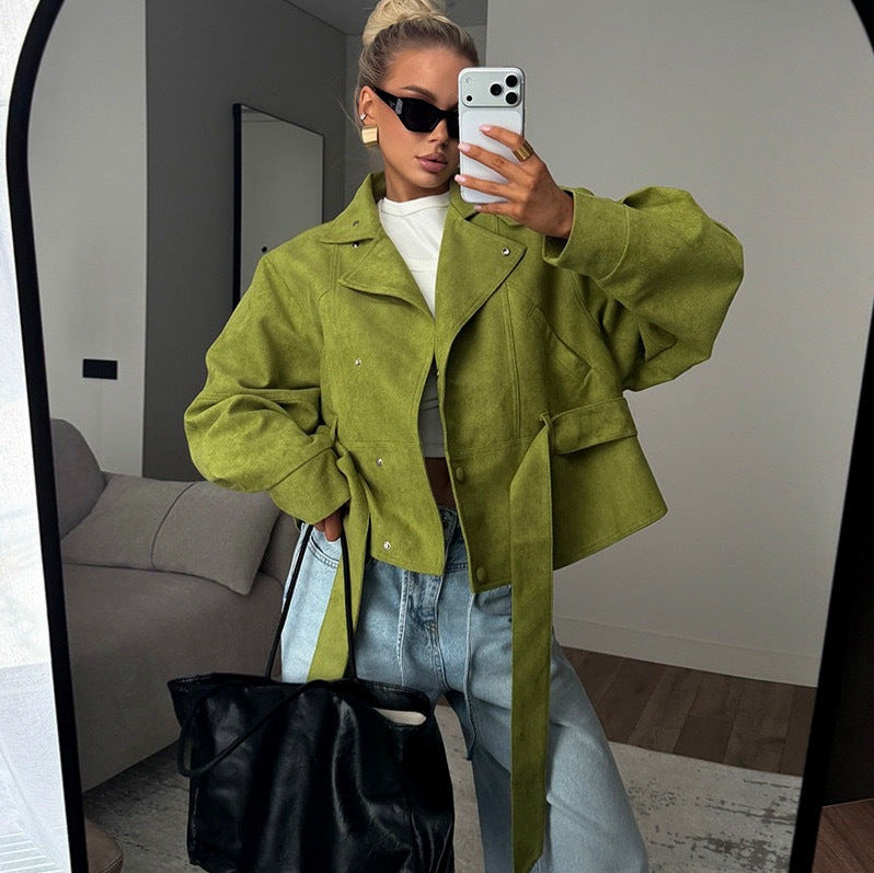 Women's Belted Jacket Stand Collar Relaxed Fit Batwing Sleeve