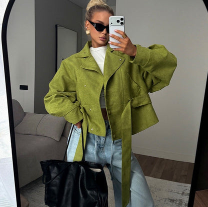 Women's Belted Jacket Stand Collar Relaxed Fit Batwing Sleeve