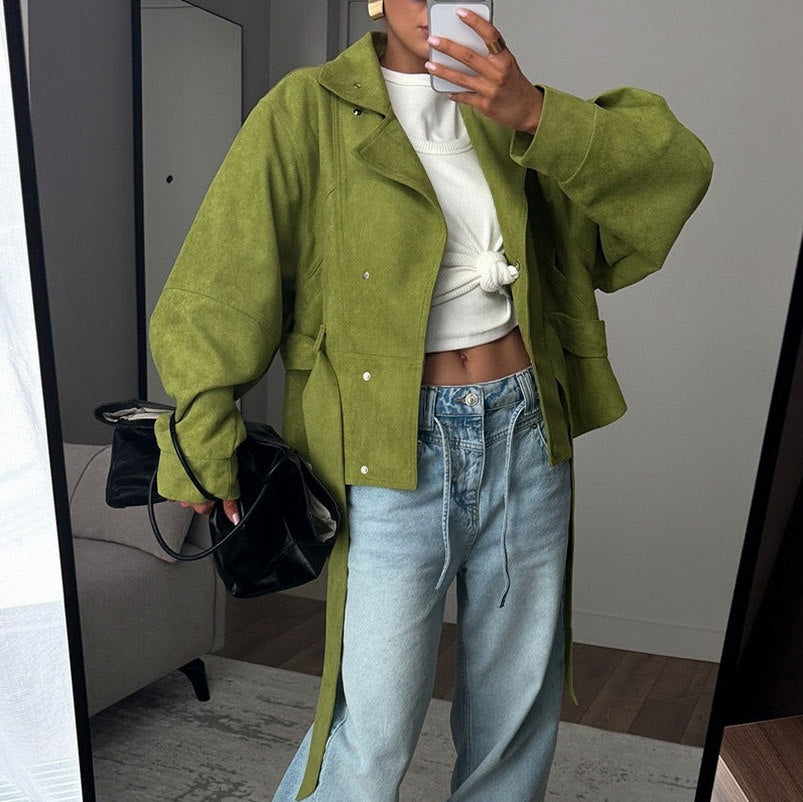 Women's Belted Jacket Stand Collar Relaxed Fit Batwing Sleeve