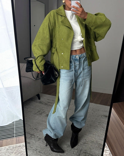 Women's Belted Jacket Stand Collar Relaxed Fit Batwing Sleeve