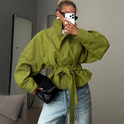 Women's Belted Jacket Stand Collar Relaxed Fit Batwing Sleeve