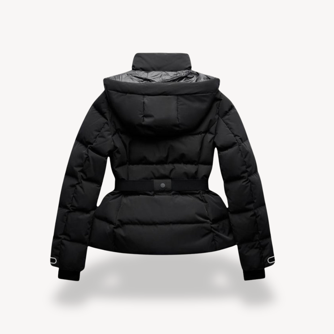Women's Black Insulated Puffer Jacket with Belt - Ideal for Outdoor Wear