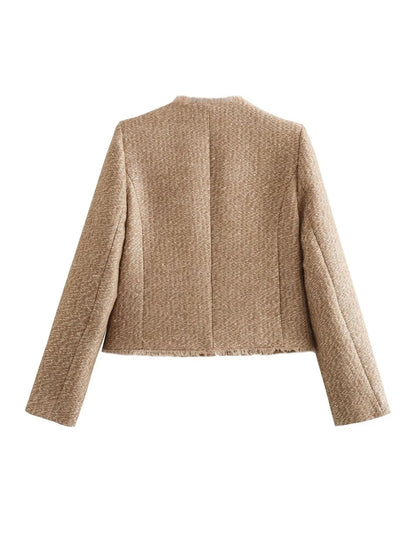 Chic Collarless Blazer Jacket with Gold Accents
