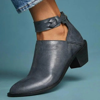Women's Block Heel Ankle Boots | Buckle Strap & Open-Side Design