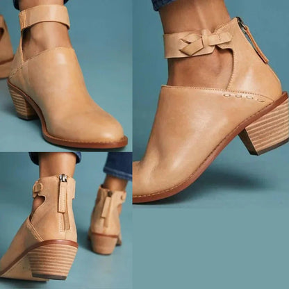 Women's Block Heel Ankle Boots | Buckle Strap & Open-Side Design