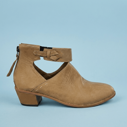 Women's Block Heel Ankle Boots | Buckle Strap & Open-Side Design