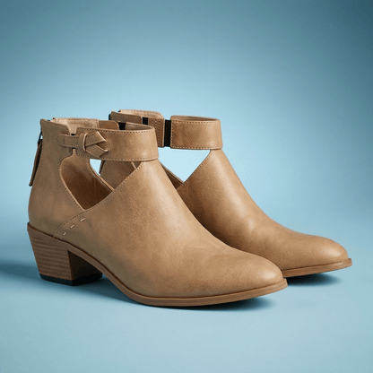 Women's Block Heel Ankle Boots | Buckle Strap & Open-Side Design