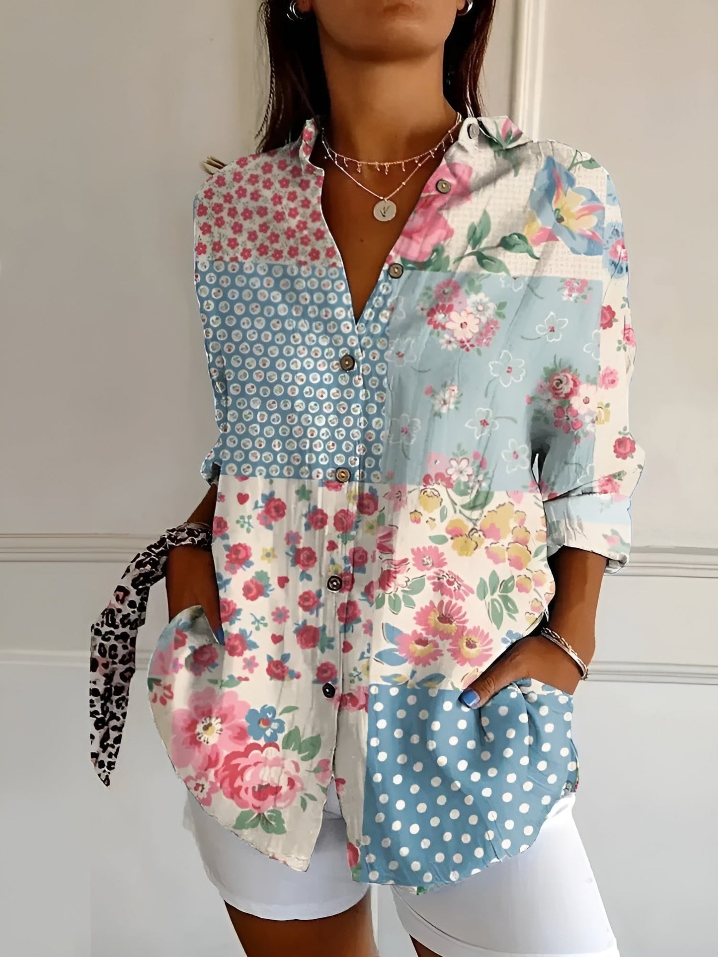 Women's Blouse | Floral Print Button-Front with Split V-Neck