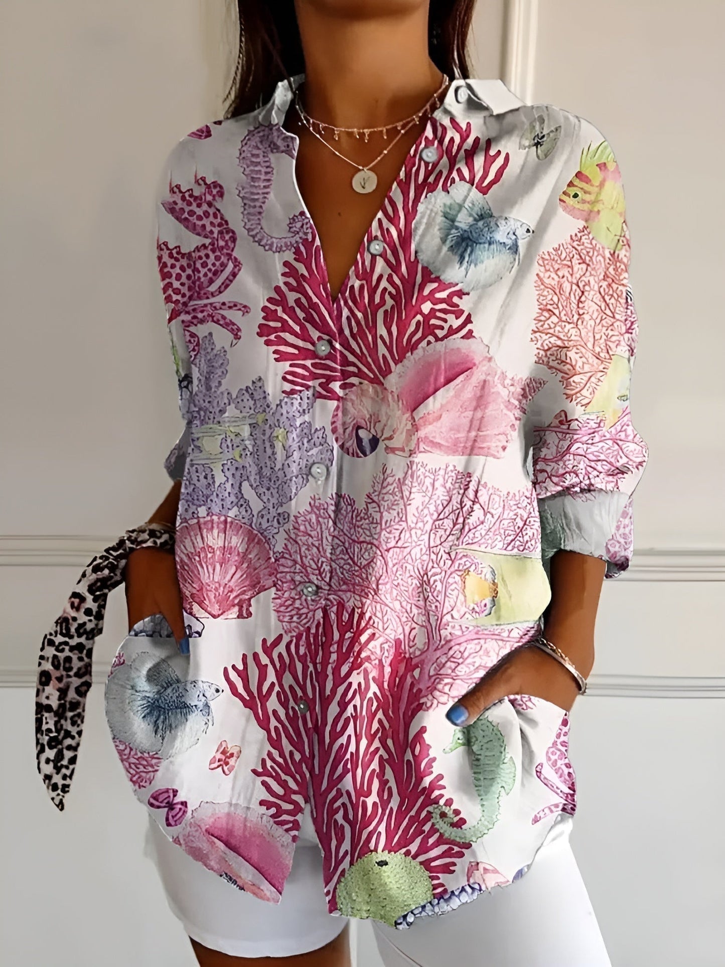 Women's Blouse | Floral Print Button-Front with Split V-Neck