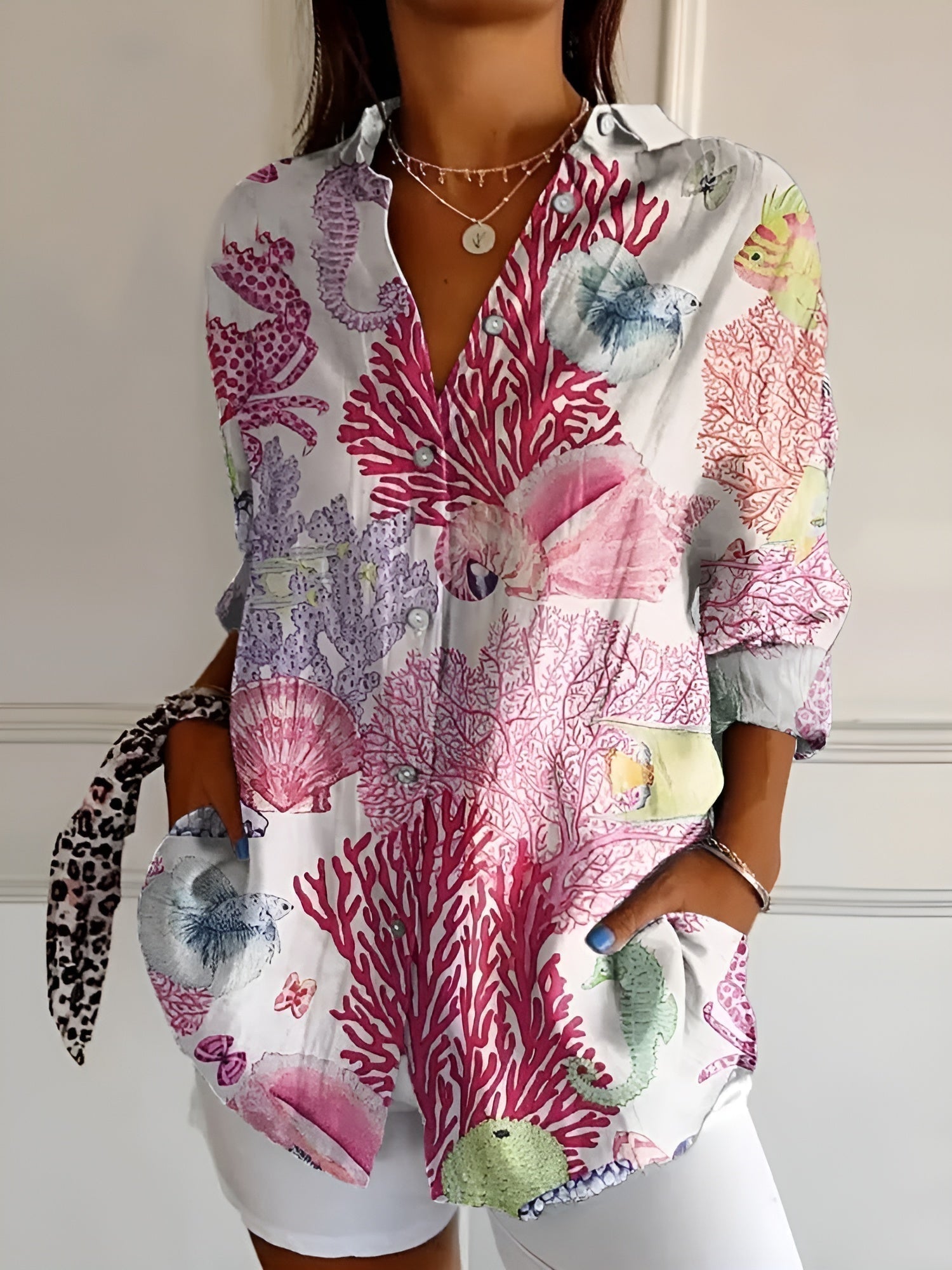 Women's Blouse | Floral Print Button-Front with Split V-Neck