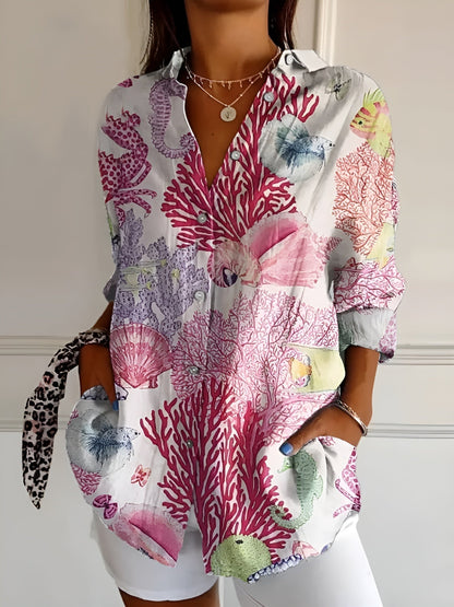 Women's Blouse | Floral Print Button-Front with Split V-Neck