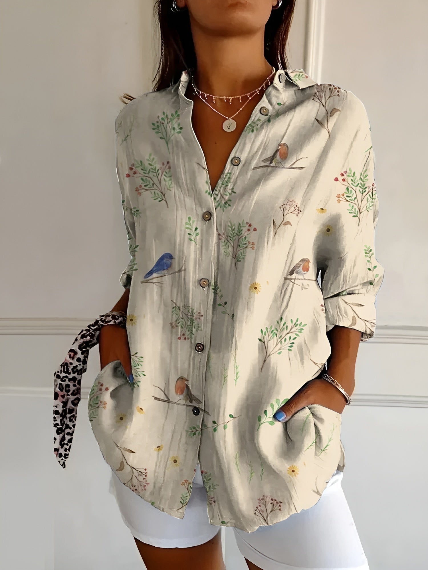 Women's Blouse | Floral Print Button-Front with Split V-Neck