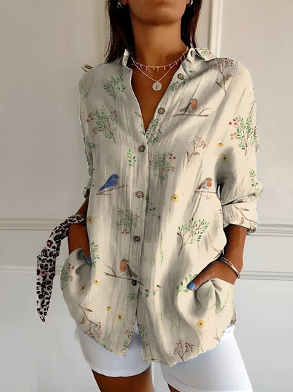 Women's Blouse | Floral Print Button-Front with Split V-Neck