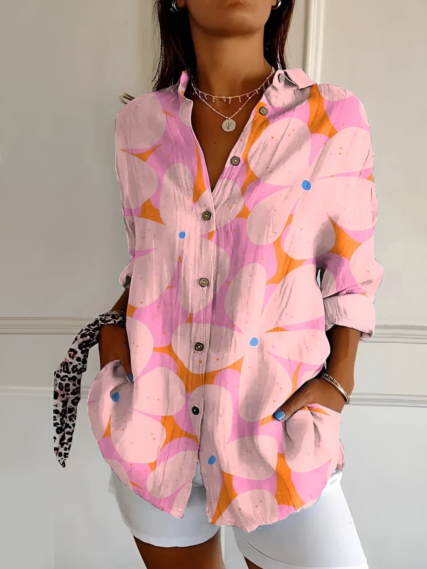 Women's Blouse | Floral Print Button-Front with Split V-Neck