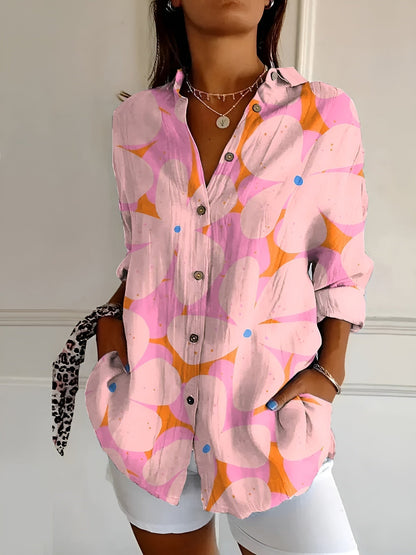 Women's Blouse | Floral Print Button-Front with Split V-Neck