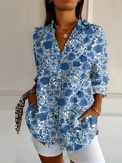 Women's Blouse | Floral Print Button-Front with Split V-Neck