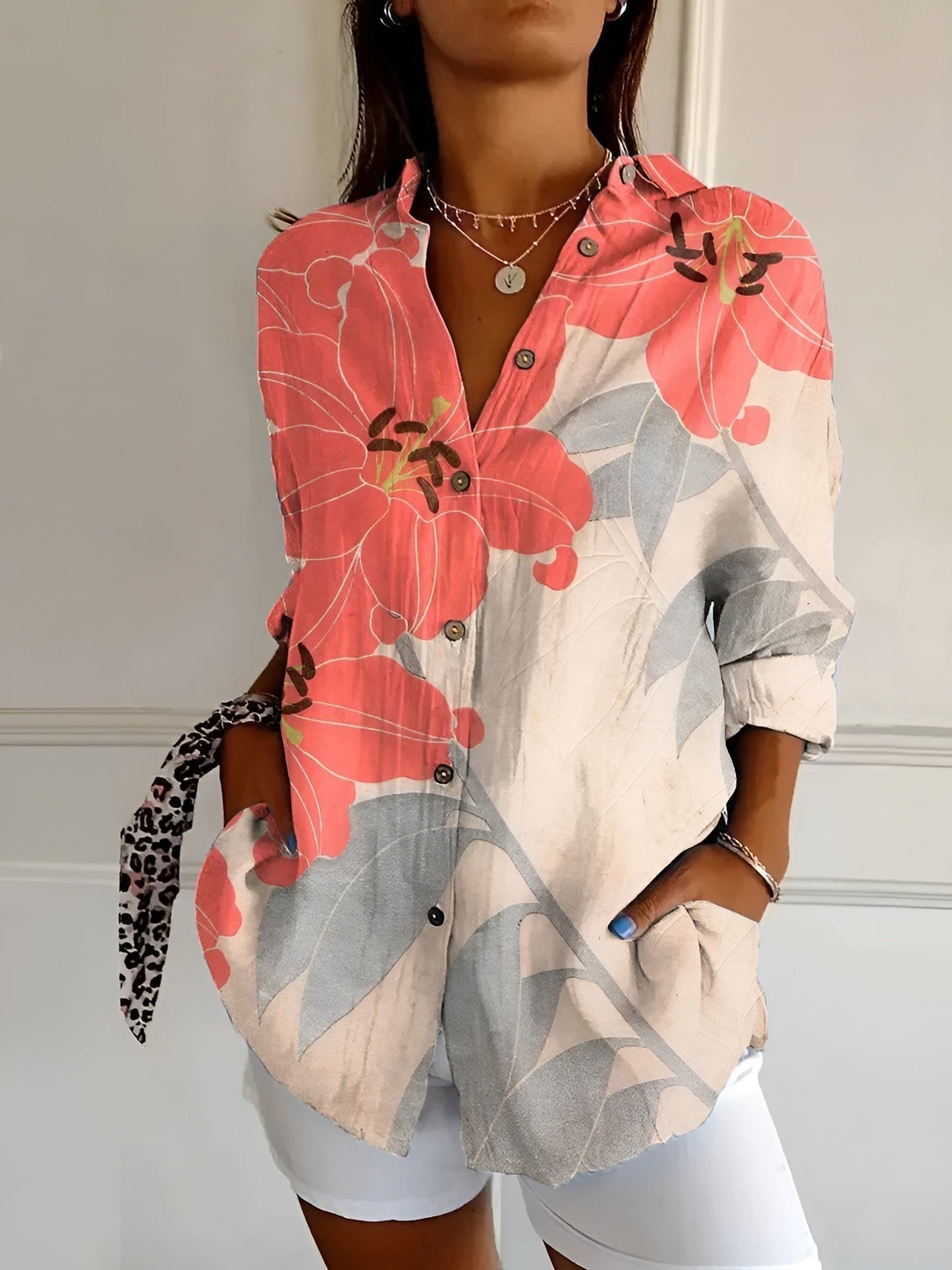 Women's Blouse | Floral Print Button-Front with Split V-Neck