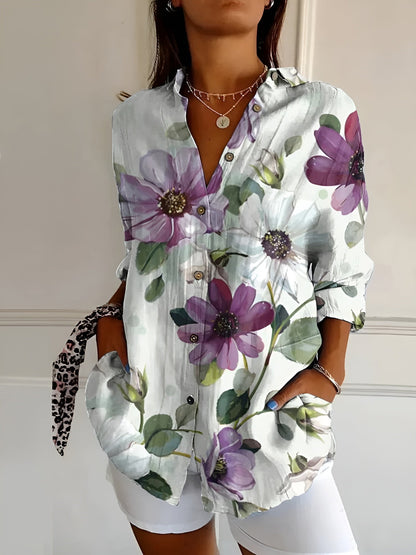 Women's Blouse | Floral Print Button-Front with Split V-Neck