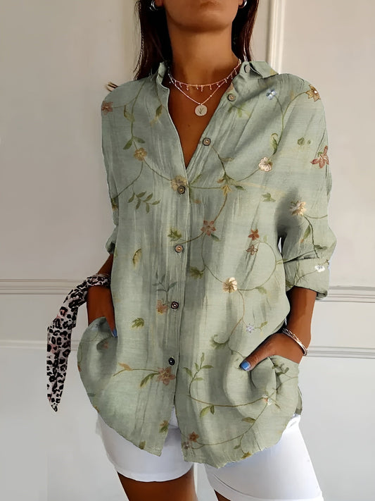 Women's Blouse | Floral Print Button-Front with Split V-Neck