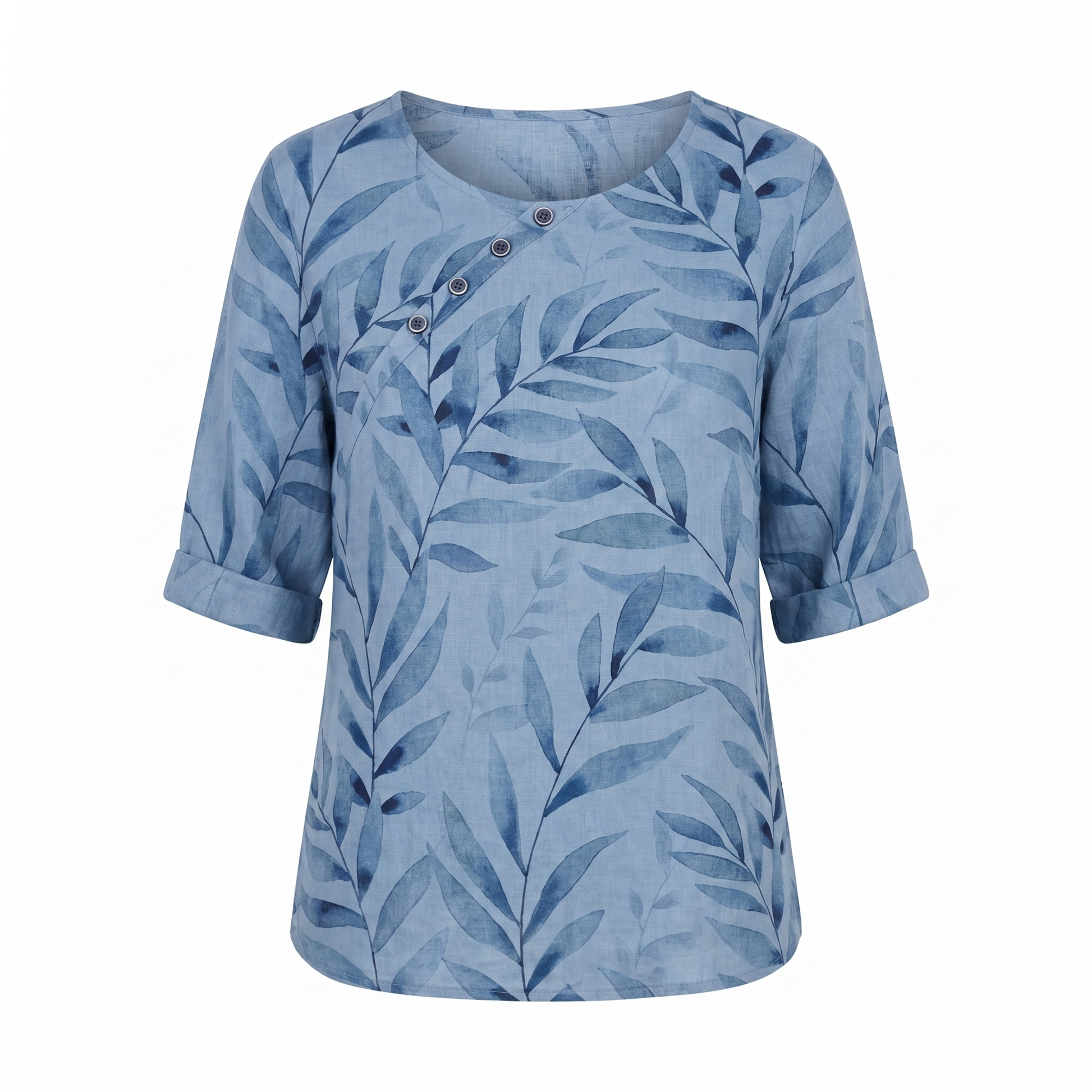 Women's Blouse | Leaf Print Asymmetric Button with Round Neck