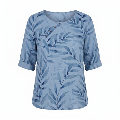Women's Blouse | Leaf Print Asymmetric Button with Round Neck
