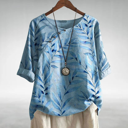 Women's Blouse | Leaf Print Asymmetric Button with Round Neck