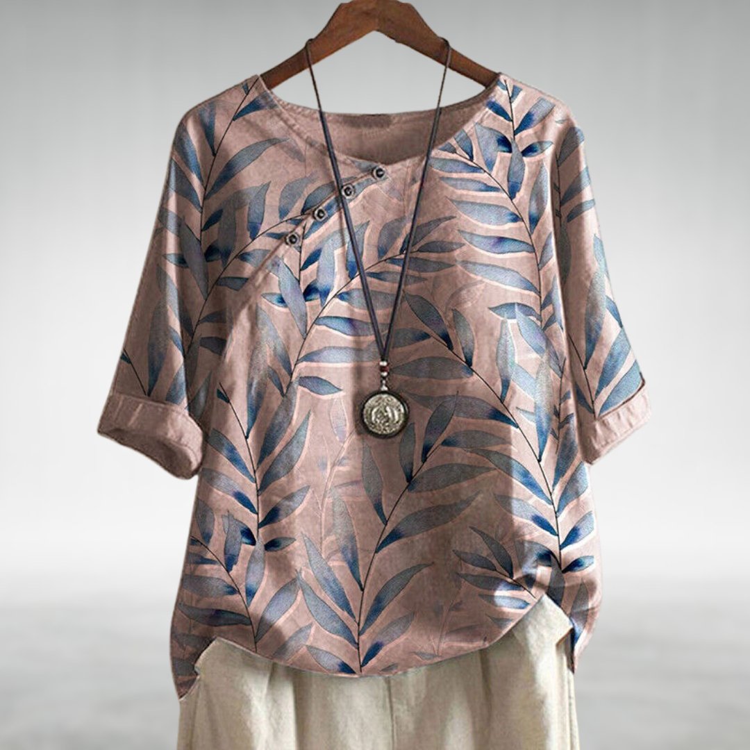 Women's Blouse | Leaf Print Asymmetric Button with Round Neck