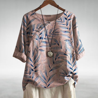 Women's Blouse | Leaf Print Asymmetric Button with Round Neck