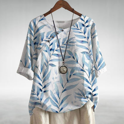 Women's Blouse | Leaf Print Asymmetric Button with Round Neck