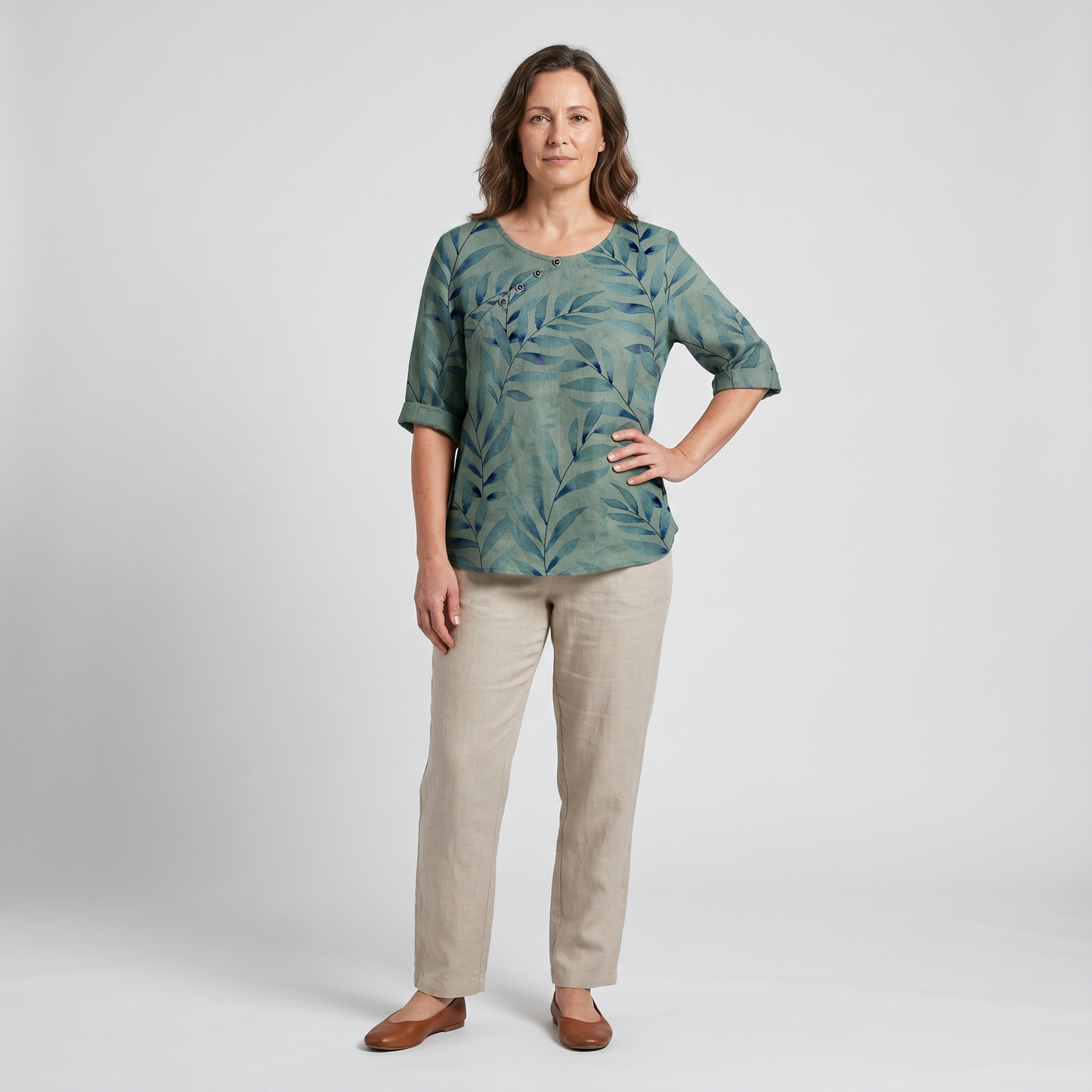 Women's Blouse | Leaf Print Asymmetric Button with Round Neck
