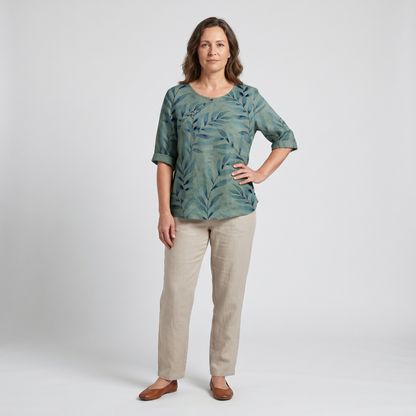 Women's Blouse | Leaf Print Asymmetric Button with Round Neck