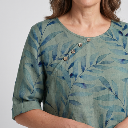 Women's Blouse | Leaf Print Asymmetric Button with Round Neck
