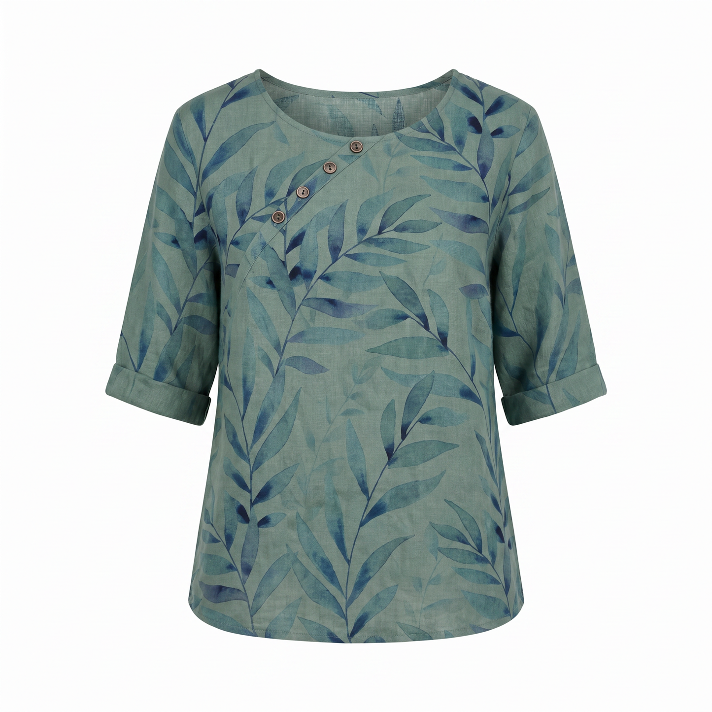 Women's Blouse | Leaf Print Asymmetric Button with Round Neck