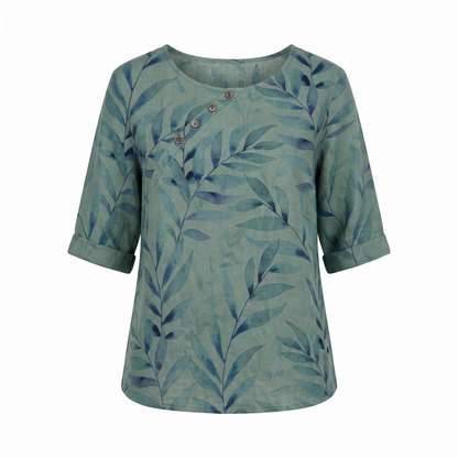 Women's Blouse | Leaf Print Asymmetric Button with Round Neck