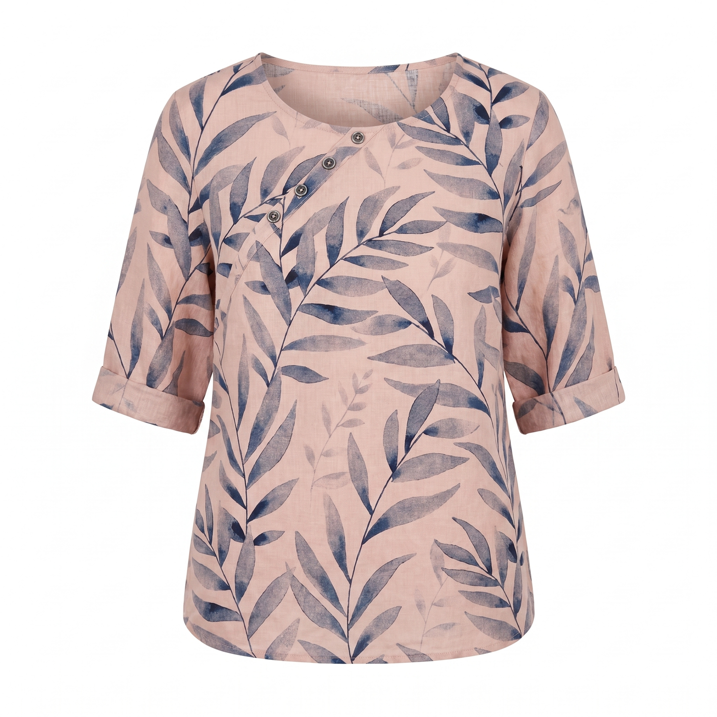 Women's Blouse | Leaf Print Asymmetric Button with Round Neck