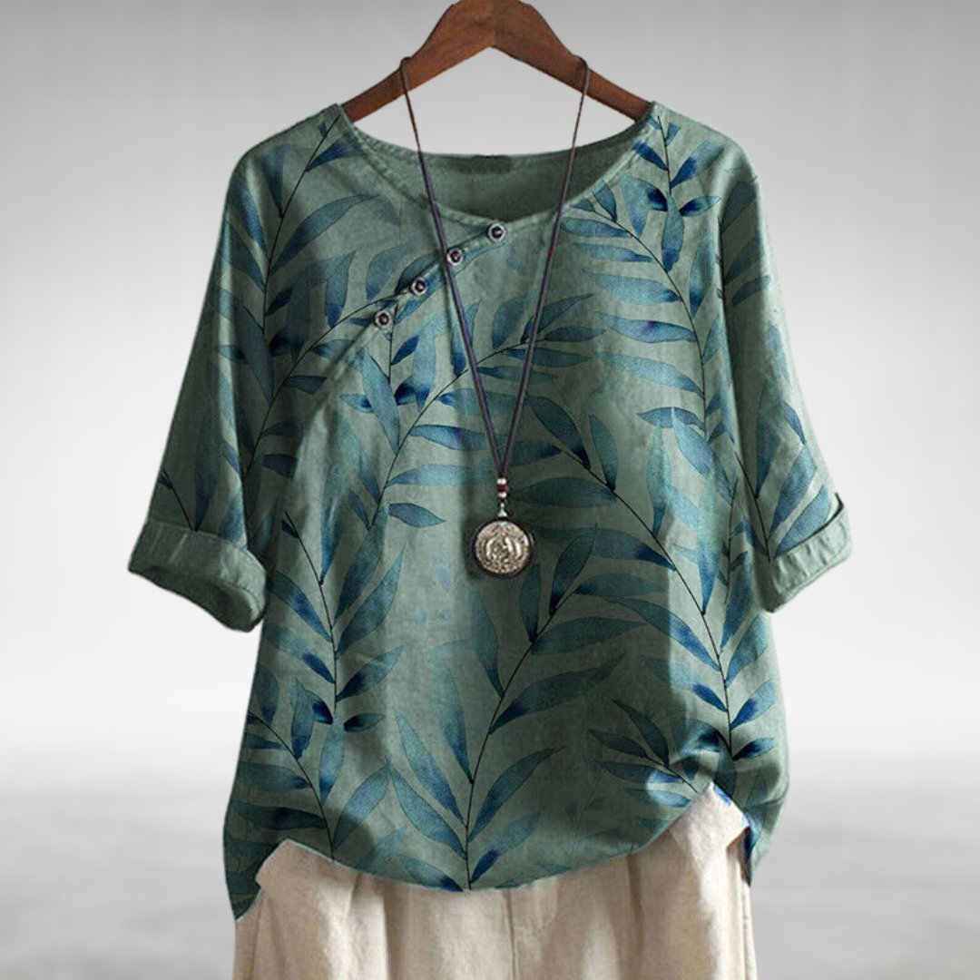 Women's Blouse | Leaf Print Asymmetric Button with Round Neck