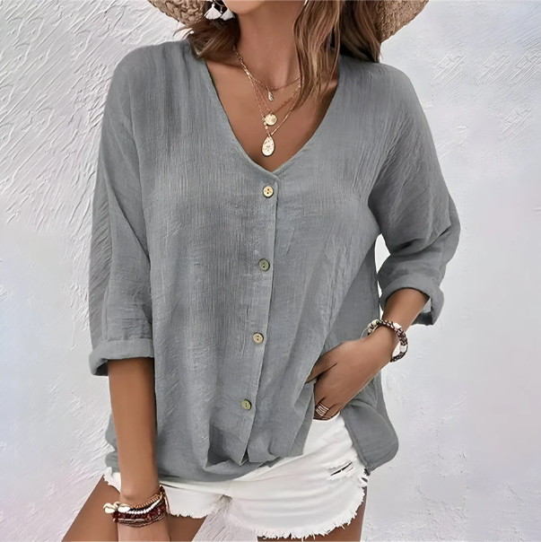 Women's Blouse | Relaxed Button-Up V-Neck with Elbow-Length Sleeves