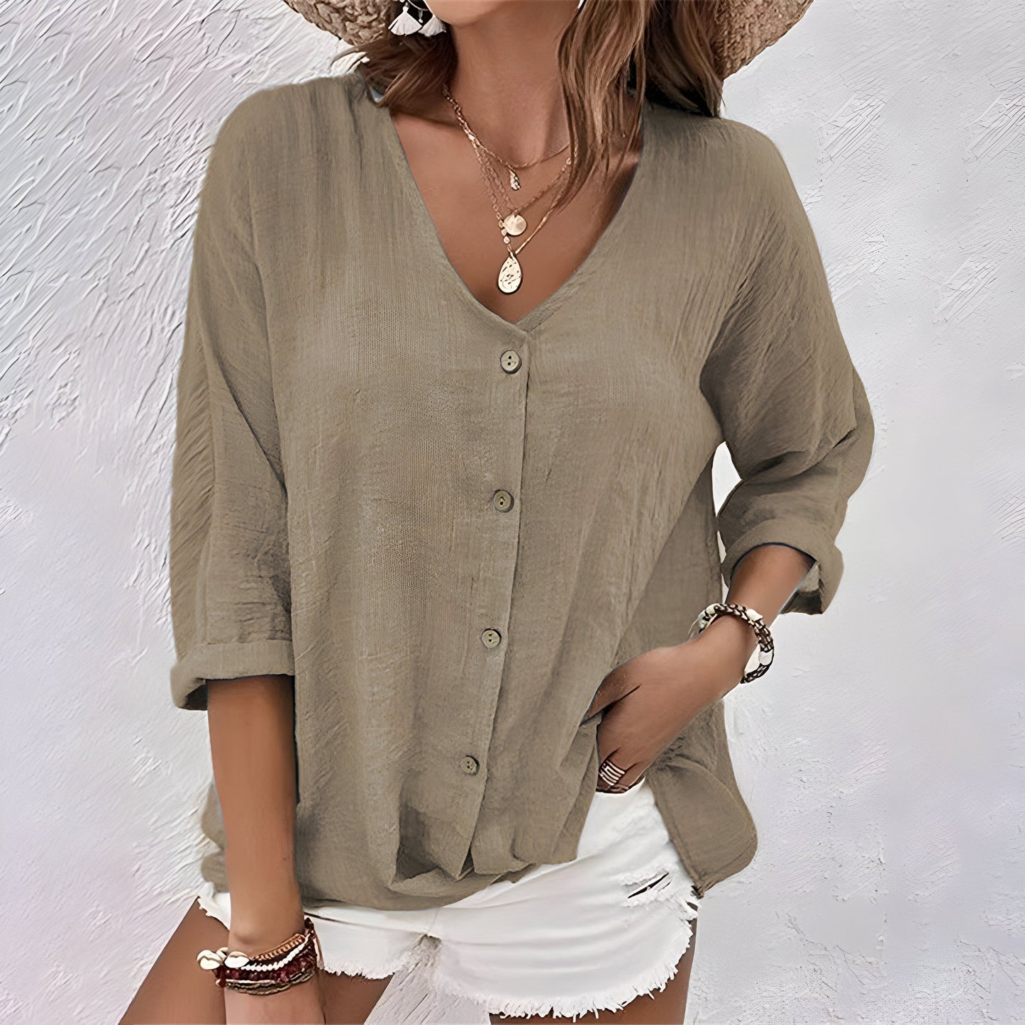 Women's Blouse | Relaxed Button-Up V-Neck with Elbow-Length Sleeves