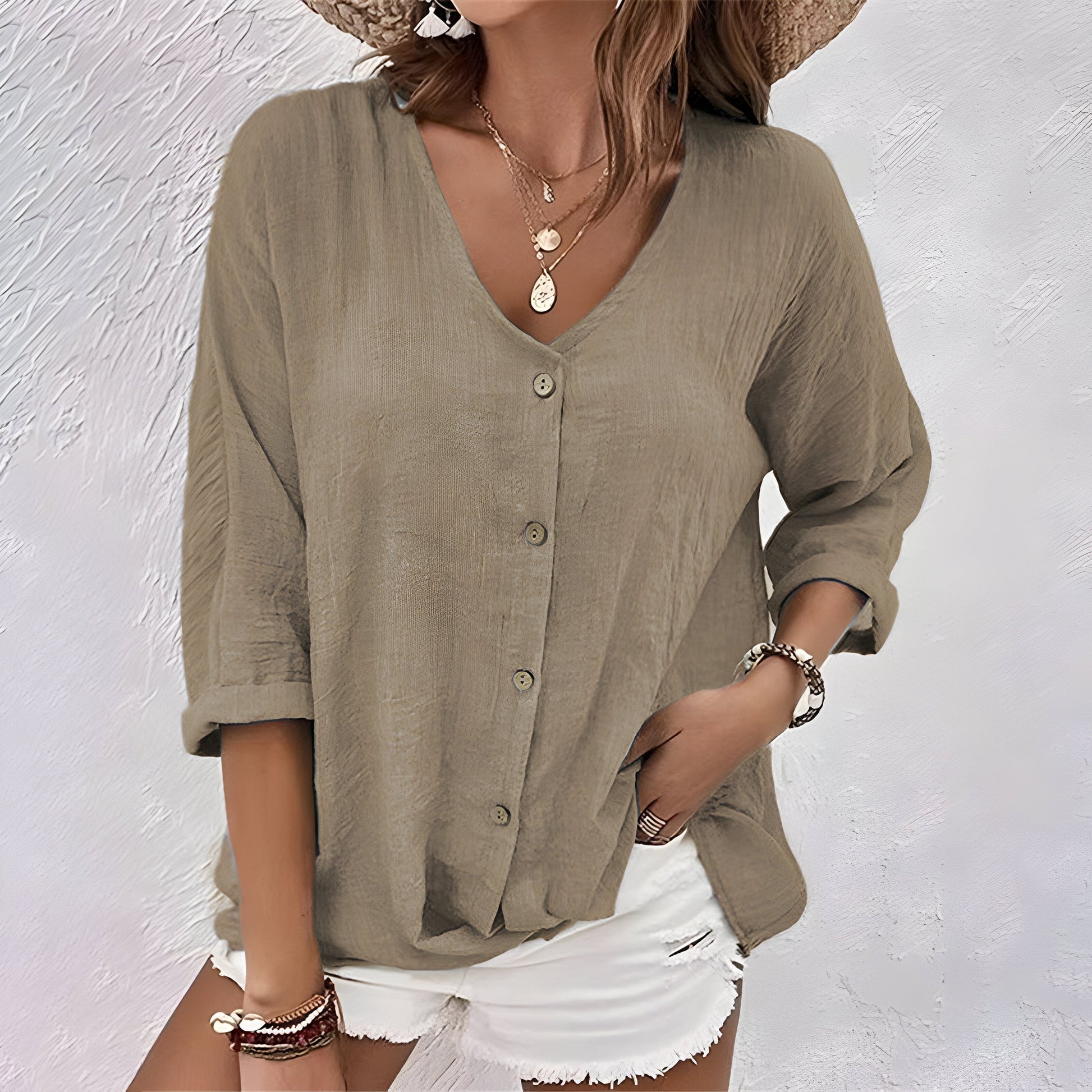 Women's Blouse | Relaxed Button-Up V-Neck with Elbow-Length Sleeves