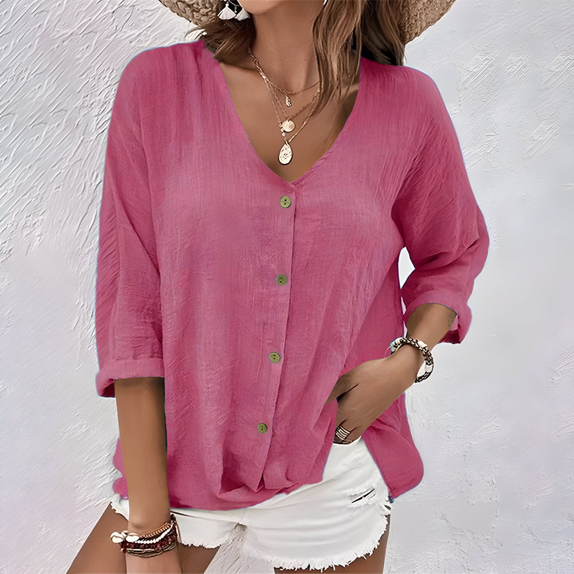 Women's Blouse | Relaxed Button-Up V-Neck with Elbow-Length Sleeves