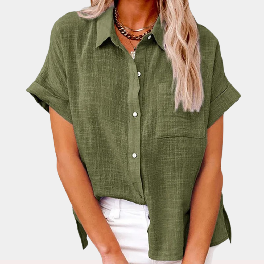 Women's Blouse | Short Sleeve Button-Down with Collar & Chest Pocket