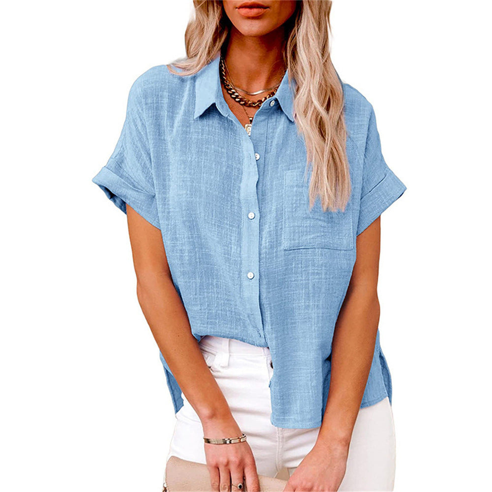 Women's Blouse | Short Sleeve Button-Down with Collar & Chest Pocket
